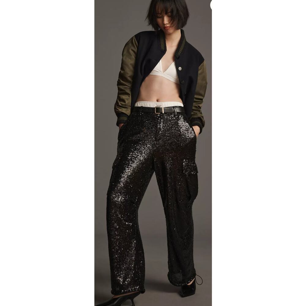 NWT By Anthropologie Sequin Cargo Pants Size 2 Oversized Black Disco